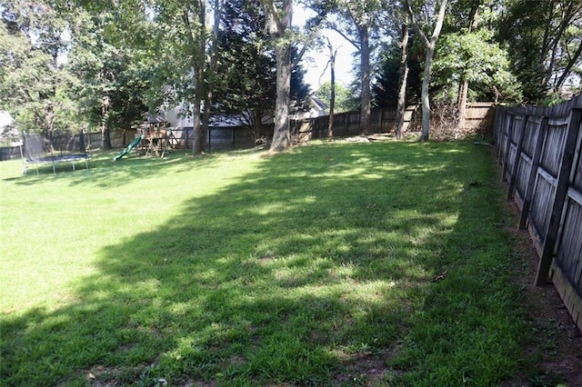 view of yard featuring a playground and a trampoline