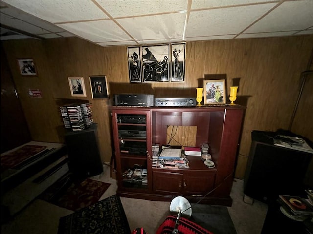 2323 Valleyside Dr, Decatur, GA 30032 - carpeted home office featuring wooden walls and a drop ceiling