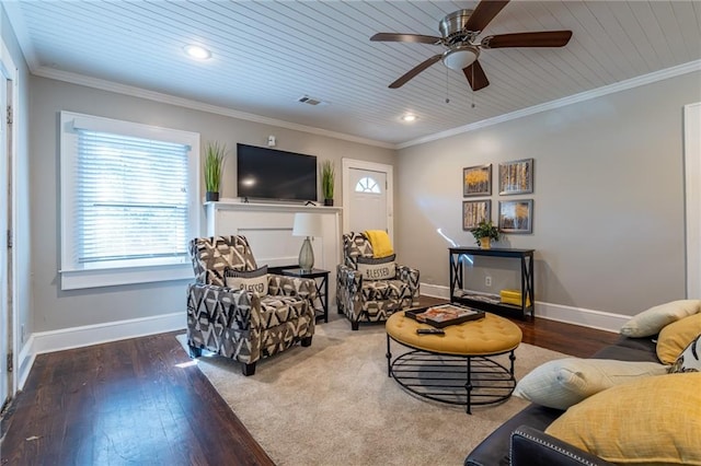 living area featuring wood ceiling, crown molding, baseboards, and wood finished floors