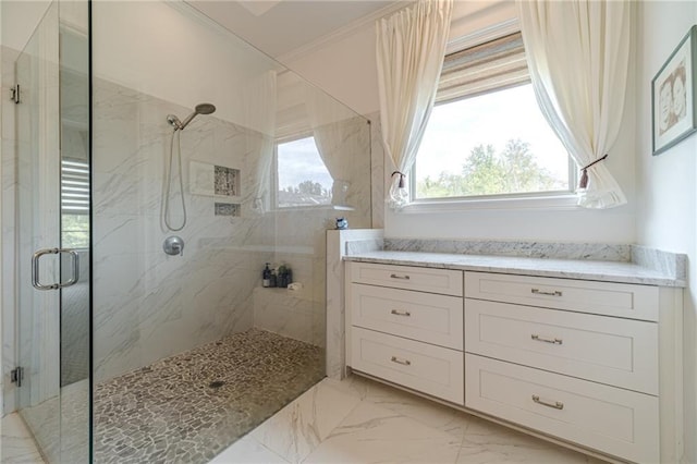 bathroom with a shower with shower door