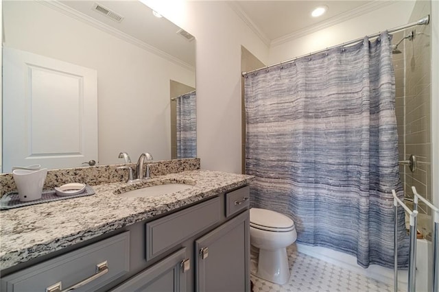 full bathroom featuring shower / tub combo, vanity, toilet, and crown molding