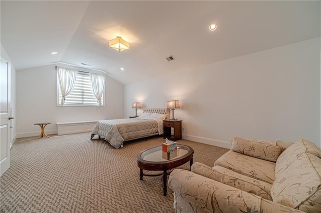 bedroom with carpet and lofted ceiling