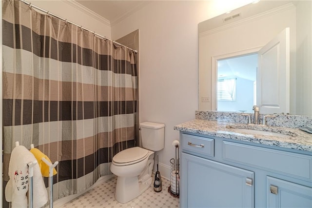 bathroom with walk in shower, crown molding, vanity, and toilet