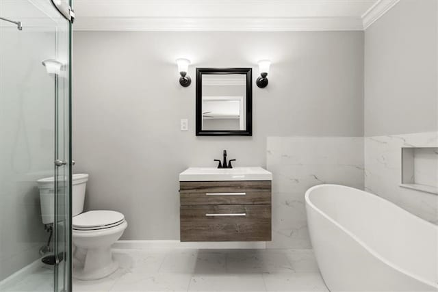 full bathroom featuring a freestanding tub, marble finish floor, a stall shower, and vanity