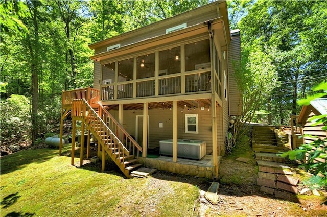 276 Pine Ridge Rd, Ellijay, GA 30536 - rear view of property featuring a hot tub, a sunroom, stairway, a deck, and a yard