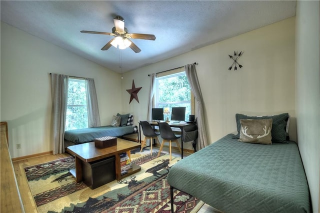 276 Pine Ridge Rd, Ellijay, GA 30536 - bedroom with vaulted ceiling, a textured ceiling, wood finished floors, a ceiling fan, and a desk
