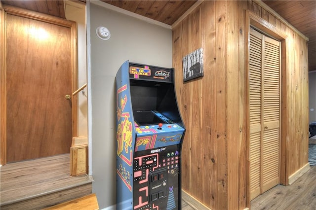 276 Pine Ridge Rd, Ellijay, GA 30536 - game room featuring wood finished floors, wooden ceiling, and crown molding