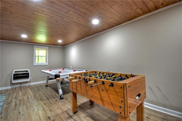 276 Pine Ridge Rd, Ellijay, GA 30536 - rec room featuring heating unit, ornamental molding, wooden ceiling, wood finished floors, and recessed lighting