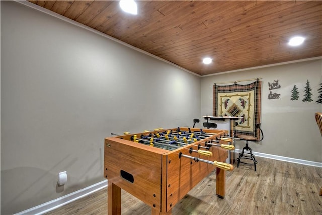 276 Pine Ridge Rd, Ellijay, GA 30536 - playroom featuring wood finished floors, wooden ceiling, ornamental molding, and recessed lighting