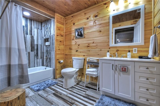 276 Pine Ridge Rd, Ellijay, GA 30536 - bathroom featuring vanity, wood finished floors, shower / bath combo with shower curtain, wooden ceiling, and wood walls