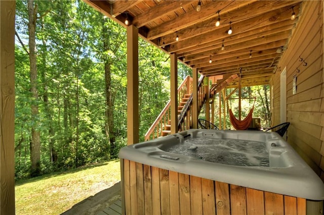 276 Pine Ridge Rd, Ellijay, GA 30536 - wooden terrace featuring a hot tub and stairs