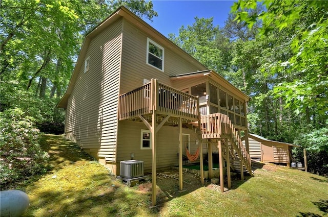 276 Pine Ridge Rd, Ellijay, GA 30536 - back of house with a sunroom, stairway, and a wooden deck