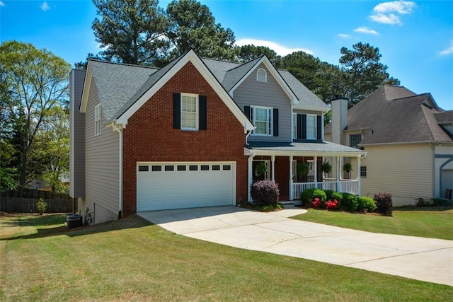 view of front of house featuring covered porch, a front lawn, brick siding, a garage, and concrete driveway