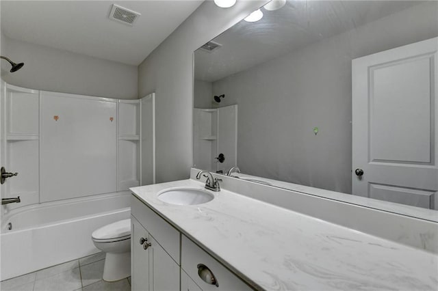 full bathroom with shower / tub combination, tile patterned flooring, vanity, and toilet