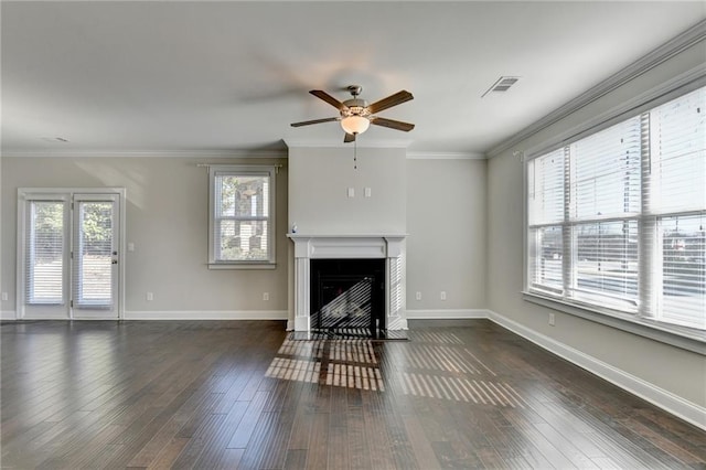 unfurnished living room featuring ceiling fan, crown molding, and dark wood-type flooring