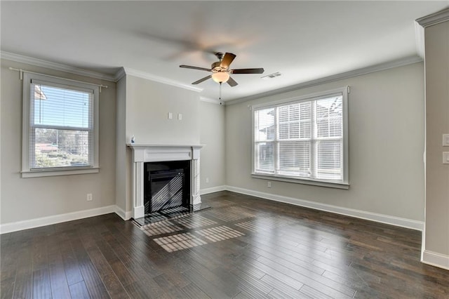 unfurnished living room with ceiling fan, crown molding, and dark hardwood / wood-style floors