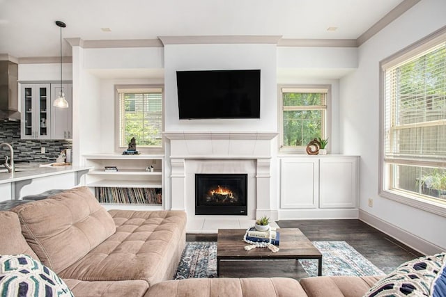1216 Virginia Ct NE Unit 8, Atlanta, GA 30306 - living area with dark wood-type flooring, a lit fireplace, baseboards, and ornamental molding