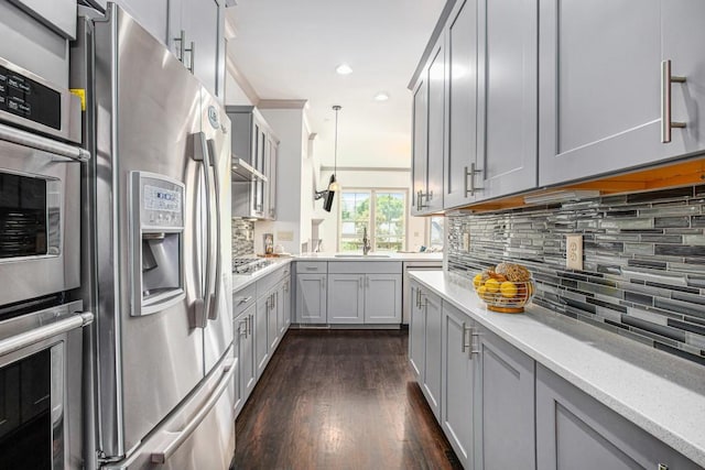 1216 Virginia Ct NE Unit 8, Atlanta, GA 30306 - kitchen with appliances with stainless steel finishes, gray cabinets, a sink, tasteful backsplash, and dark wood-style floors