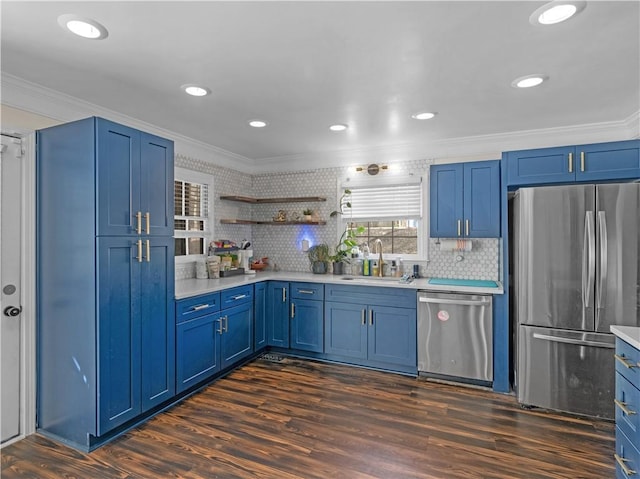 kitchen with blue cabinetry, crown molding, appliances with stainless steel finishes, and a sink