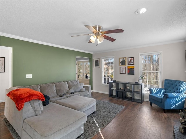 living area featuring a wealth of natural light, crown molding, and dark wood-type flooring