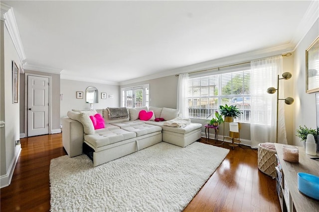 6980 Roswell Rd # A8, Atlanta, GA 30328 - living area with ornamental molding, dark wood-style floors, and baseboards