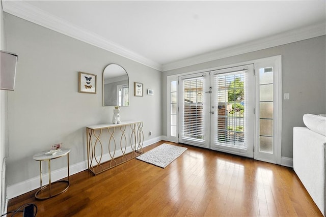6980 Roswell Rd # A8, Atlanta, GA 30328 - doorway to outside with baseboards, wood finished floors, french doors, ornamental molding, and arched walkways