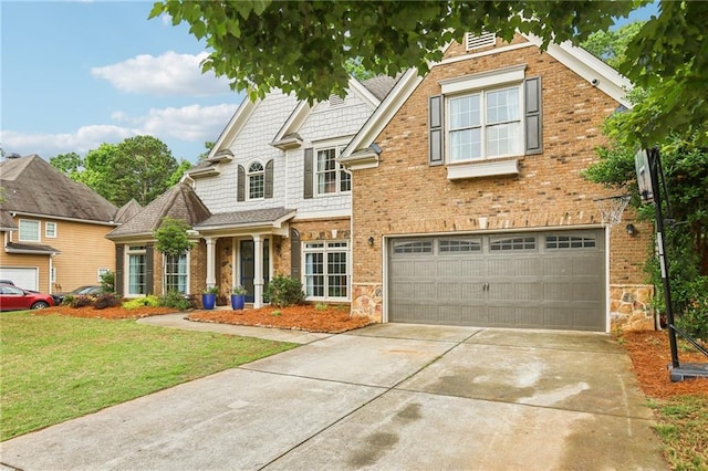 view of front of property with a garage, driveway, a front lawn, and brick siding