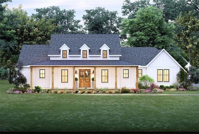1099 Burwell Mount Zion Rd, Carrollton, GA 30117 - view of front of house with french doors, a standing seam roof, a front yard, board and batten siding, and a metal roof