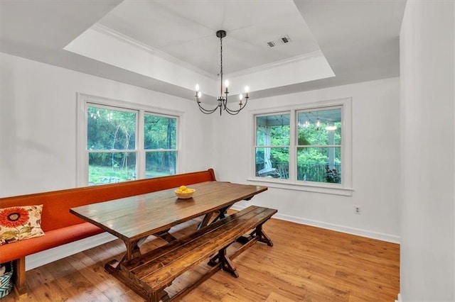 dining room featuring a raised ceiling, a chandelier, healthy amount of natural light, and light wood-style floors