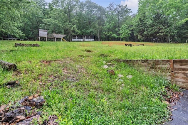 view of yard with a forest view
