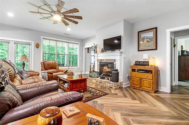 1505 Willis Rd, Barnesville, GA 30204 - living area featuring ceiling fan, recessed lighting, and a fireplace