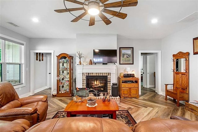 1505 Willis Rd, Barnesville, GA 30204 - living room featuring a ceiling fan, a brick fireplace, and recessed lighting