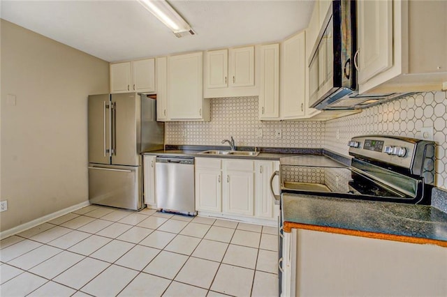 1187 Dixie Rd, Covington, GA 30014 - kitchen featuring appliances with stainless steel finishes, a sink, dark countertops, and decorative backsplash