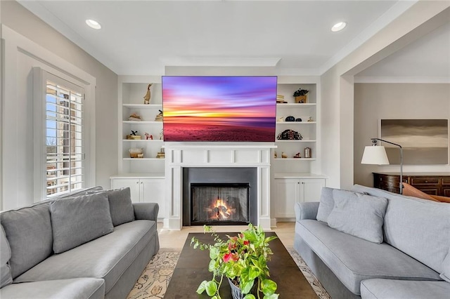 living room featuring built in shelves