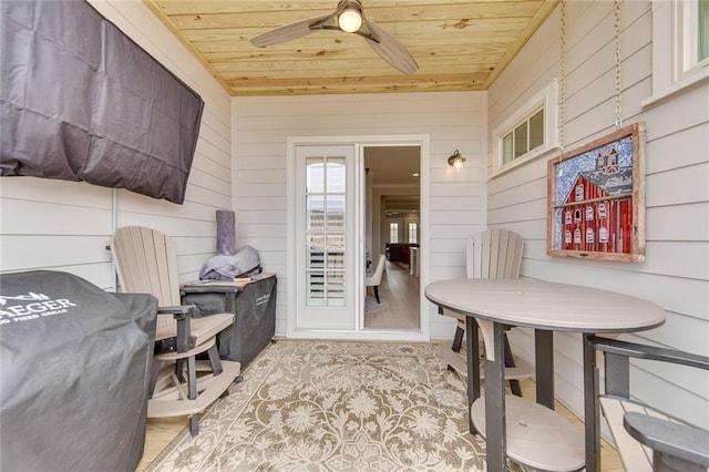 interior space with ceiling fan and wood ceiling