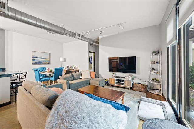 living room featuring light wood-type flooring and rail lighting