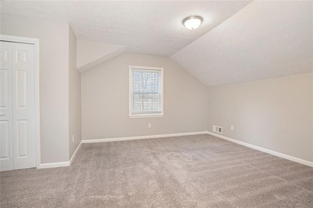 additional living space featuring a textured ceiling, lofted ceiling, and carpet floors