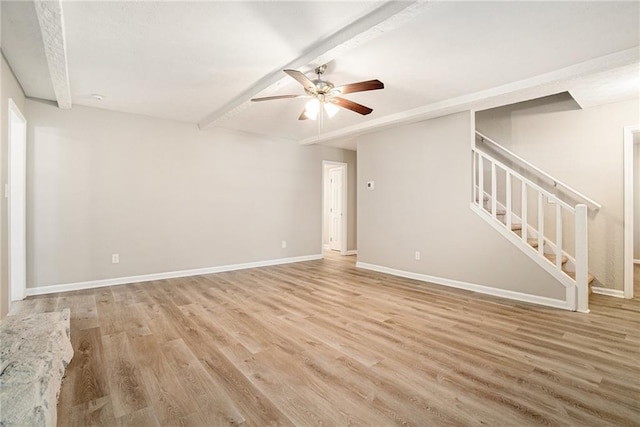 unfurnished living room featuring hardwood / wood-style floors, ceiling fan, and beamed ceiling