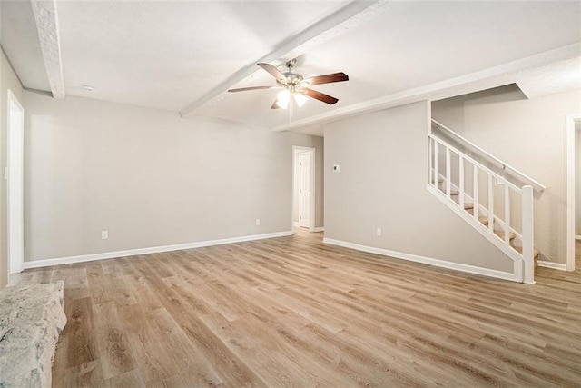 unfurnished living room with ceiling fan, beam ceiling, and light wood-type flooring