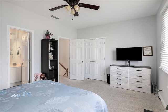 bedroom featuring visible vents, ceiling fan, light carpet, and multiple windows