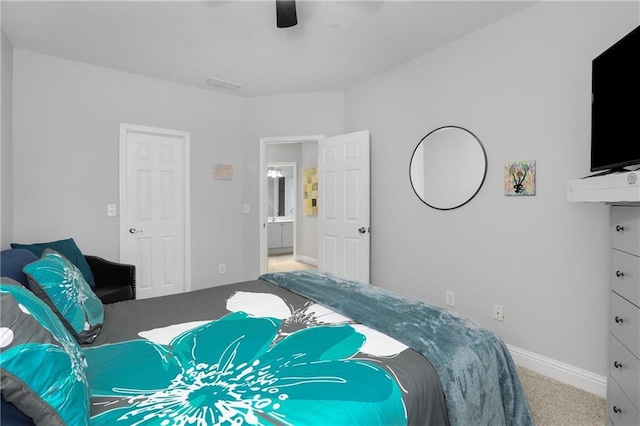 bedroom with baseboards, visible vents, a ceiling fan, and carpet flooring