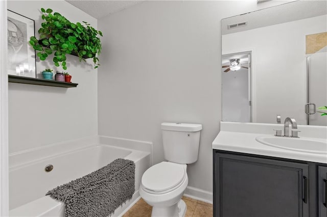 bathroom with tile patterned floors, vanity, ceiling fan, toilet, and a tub