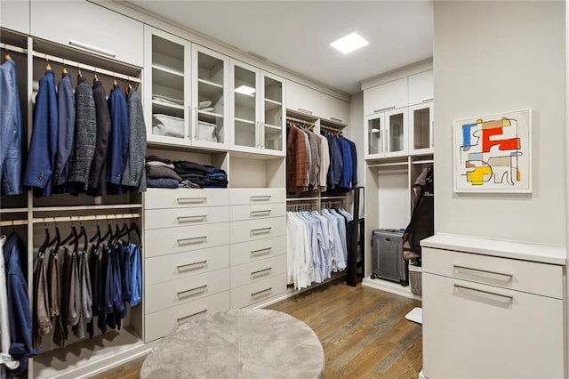 spacious closet with dark wood finished floors