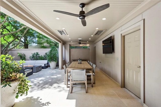 view of patio / terrace with fence, visible vents, outdoor lounge area, and a ceiling fan