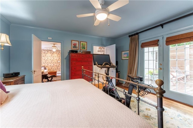 657 E Paces Ferry Rd NE, Atlanta, GA 30305 - bedroom featuring access to outside, wood finished floors, ornamental molding, and ceiling fan