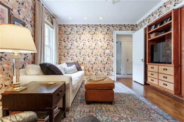657 E Paces Ferry Rd NE, Atlanta, GA 30305 - living area with crown molding, wood finished floors, and wallpapered walls