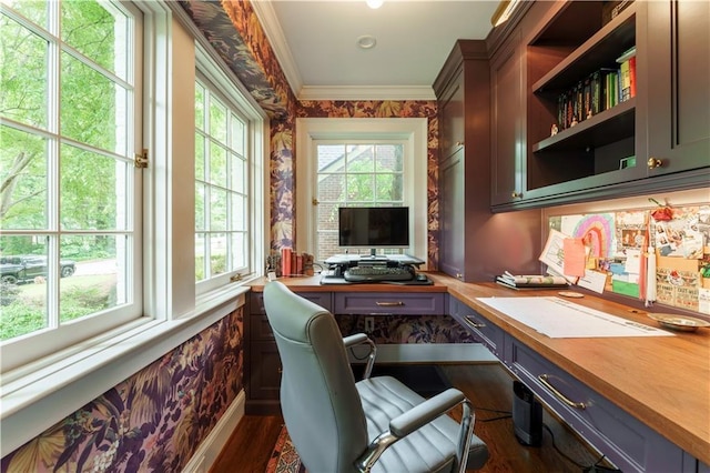 657 E Paces Ferry Rd NE, Atlanta, GA 30305 - office area with plenty of natural light, wallpapered walls, dark wood-style floors, ornamental molding, and built in study area