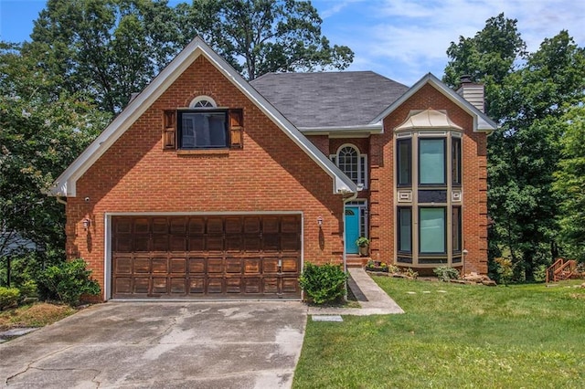 1452 Crooked Tree Cir, Stone Mountain, GA 30088 - view of front facade with a garage, brick siding, a chimney, and concrete driveway