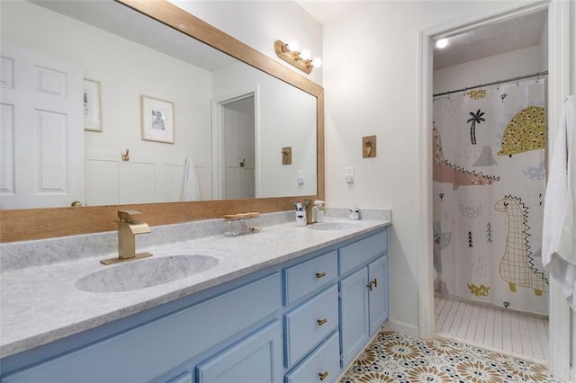 1452 Crooked Tree Cir, Stone Mountain, GA 30088 - bathroom with double vanity, tile patterned flooring, and curtained shower