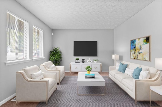 carpeted living room featuring a textured ceiling